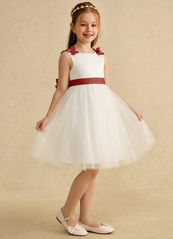 Azazie Lona Abiti da Ragazza di Fiori Abito A-Line in Raso Opaco Fiocco Avorio Terracotta image1