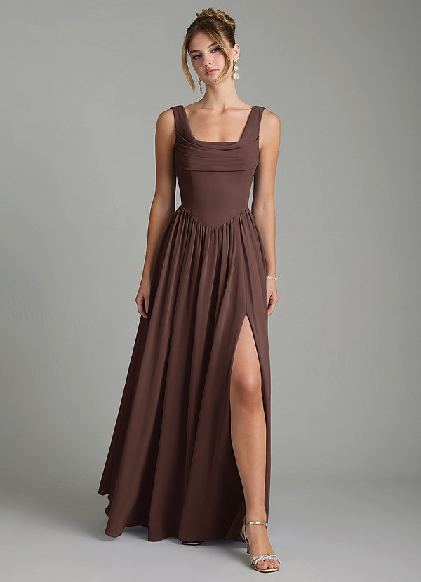 Azazie Novi Robes de demoiselle d'honneur Robe Trapèze en Mousseline de soie Plissé Ganache image1