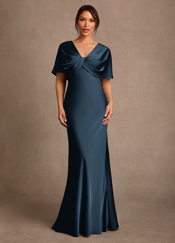 Azazie Dosia Mother of the Brides Dresses Dark Navy Sheath Pleated Stretch Satin Dress image1