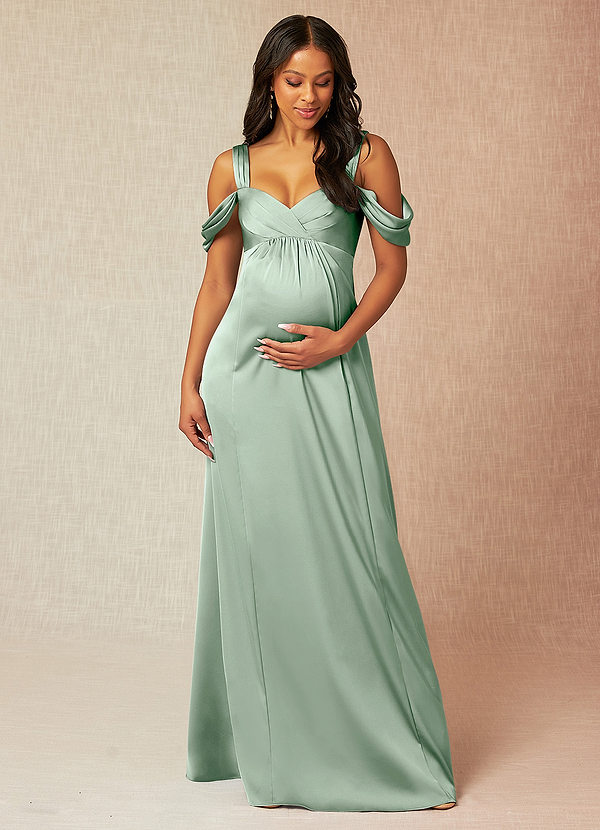 Azazie Rhea Vestidos de dama de honor de maternidad Vestido de Corte En A Off The Shoulder Plisado Hasta el suelo Satén Elástico image1