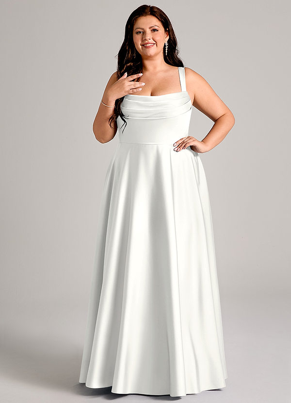 Azazie Shaude Bruidsmeisjes Jurken Jurk van Stretch Satijn met A-Lijn Geplooid Wit image1