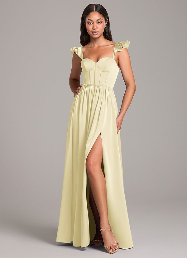 Azazie Denisse Vestidos Dama de Honor Vestido de Sorbete De Limón de Satén Elástico de Corte en A con Volante image1