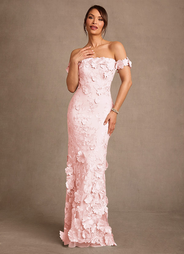 Azazie Lotta Mother of the Bride Dresses Vestido Rosa Corado de Renda de sereia com Fora do ombro image1