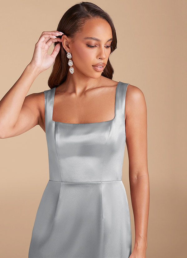 Azazie Flori Bridesmaid Dresses Silver Sheath Side Slit Metallic Satin Dress image1