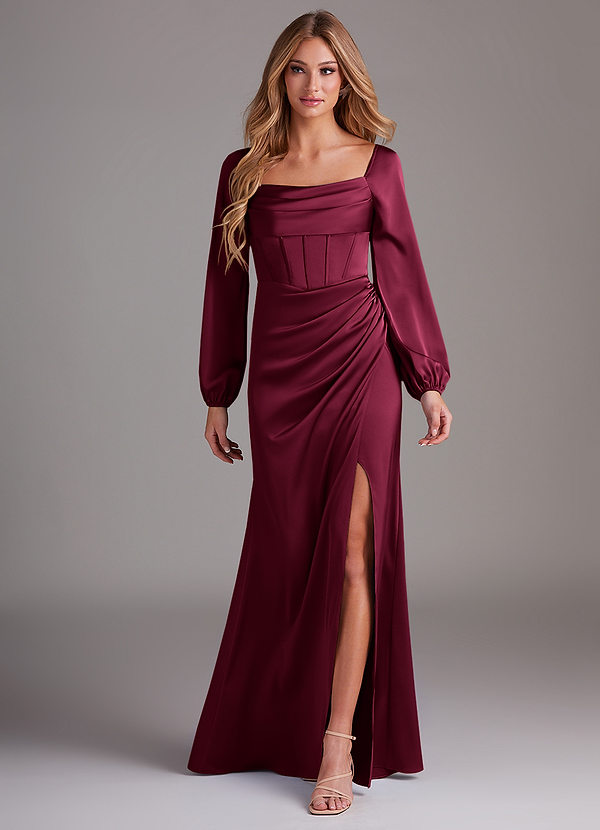 Azazie Charissa Bridesmaid Dresses Burgundy Sheath Long Sleeve Stretch Satin Dress image1