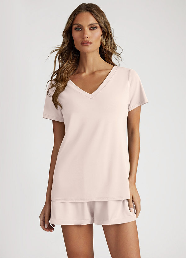 front Rumieniąc Różowy Bamboo Fiber V-Neck T-Shirt and Shorts Pajama Set