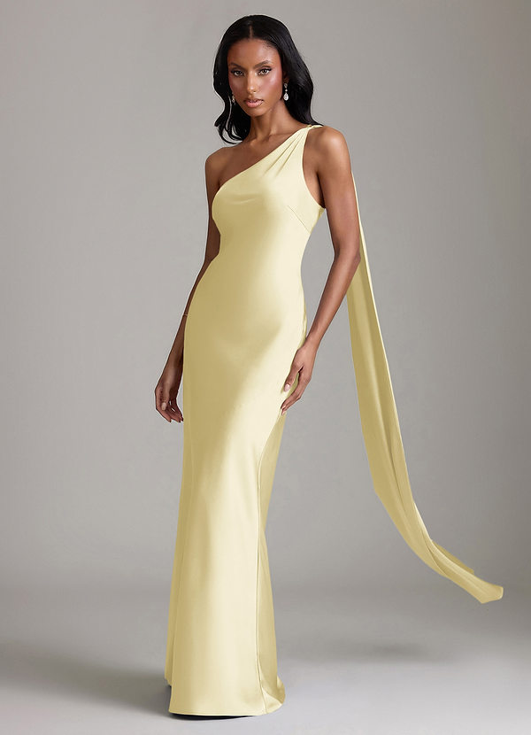 Azazie Galinda Brudtärneklänningar Klä av Sjöjungfru i Stretch Satin Ena axeln Citronsorbet image1