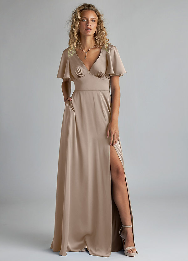 Azazie Kimber Bridesmaid Dresses Taupe A-Line Ruched Stretch Satin Dress image1