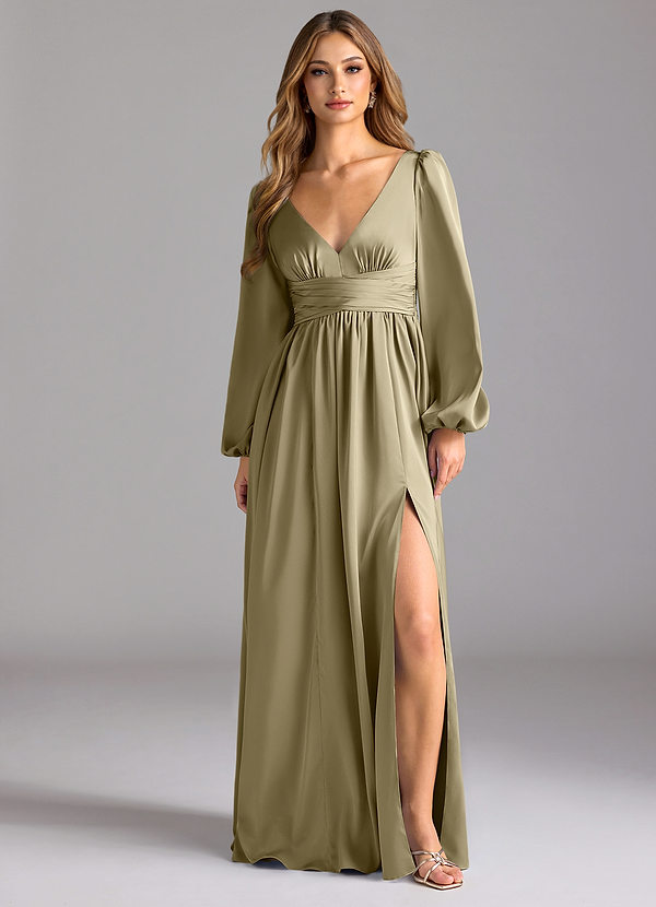 Azazie Norah Abiti da Damigella Abito A-Line in Raso Elasticizzato Verde Muschio image1