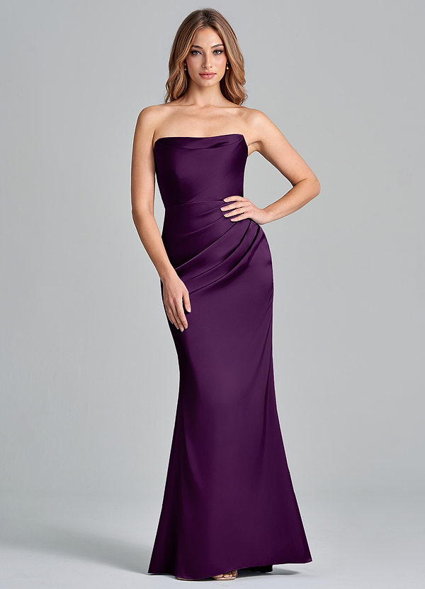 Azazie Olea 신부 들러리 드레스 인어 스트랩리스 스트레치 새틴 바닥 길이 드레스 image1