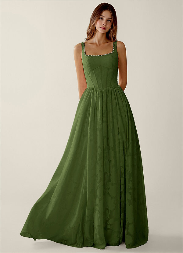 Megan Oliva Vestido de baile de renda em corte A image1