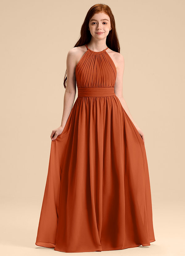 Azazie Malone Junior Robe Trapèze en Mousseline de soie Plissée Orange Brûlée image1