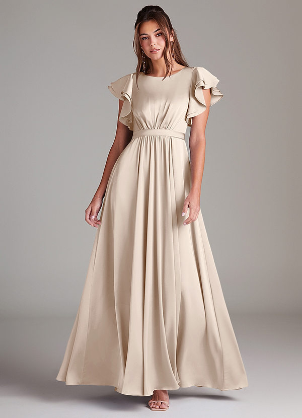 Azazie Daphne Modest Bridesmaid Dresses A-Line Ruched Stretch Satin Floor-Length Dress image1