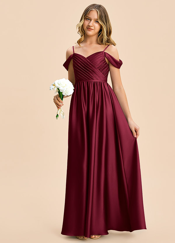 Azazie Rayne Junior Vestido Borgoña de Satén Elástico de Corte en A con Escote corazón image1