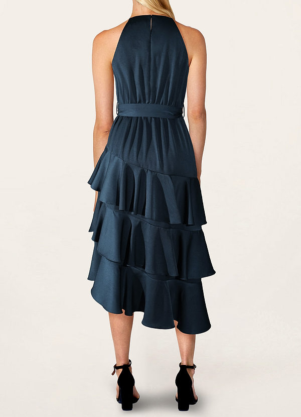 back Hayden Navy Blue Satin Halter Neck Tiered Midi Dress