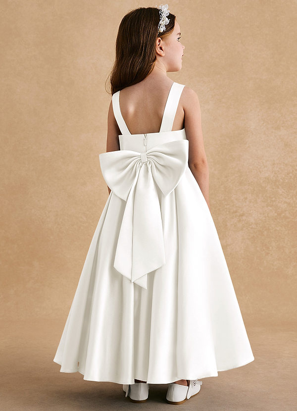Azazie Honey Bear Flower Girl Dresses Ivory A-Line Pleated Matte Satin Dress image1