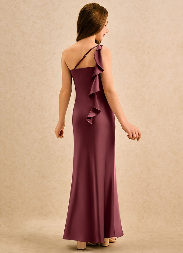 Azazie Almond Girls Formal Flower Girl Dresses Merlot Sheath One Shoulder Stretch Satin Dress image1