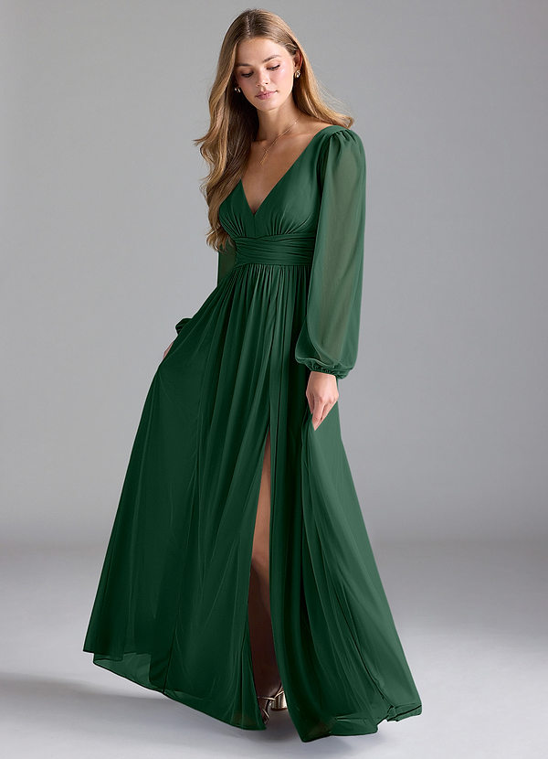 Azazie Norah Bridesmaid Dresses Dark Green A-Line Mesh Dress image1