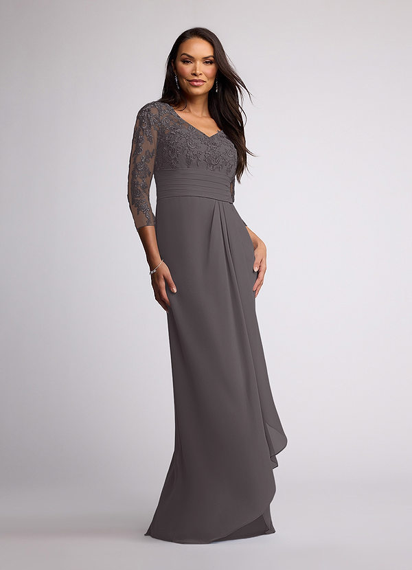 Azazie Joan Mother of the Brides Dresses Steel Grey Sheath V-Neck Lace Chiffon Dress image1