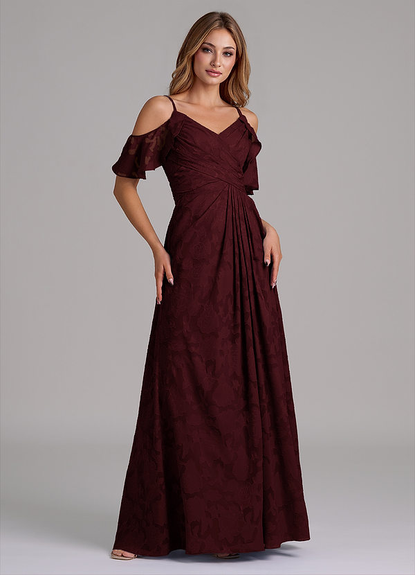 Azazie Dakota Bridesmaid Dresses Cabernet A-Line Off the Shoulder Floral Burnout Dress image1