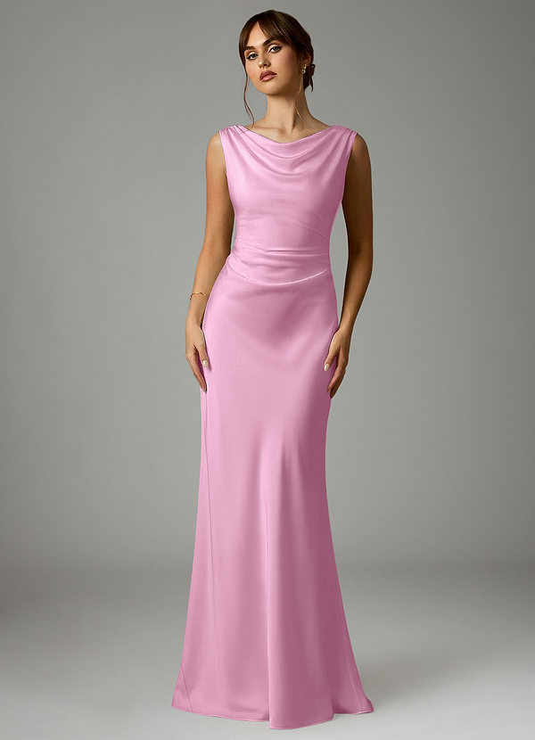 Azazie Kieryn Vestidos Dama de Honor Vestido de Rosa Caramelo de Satén Elástico de Corte Sirena con Plisado image1