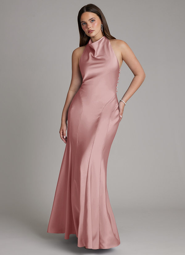 Azazie Sahara Bridesmaid Dresses Dusty Rose A-Line Pleated Stretch Satin Dress image1