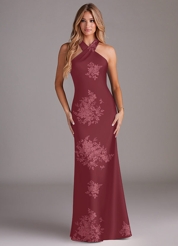 Azazie Doretta Vestidos Dama de Honor Vestido de Ramo De Flores Burdeos de Satén Elástico de Corte Sirena con Plisado image1