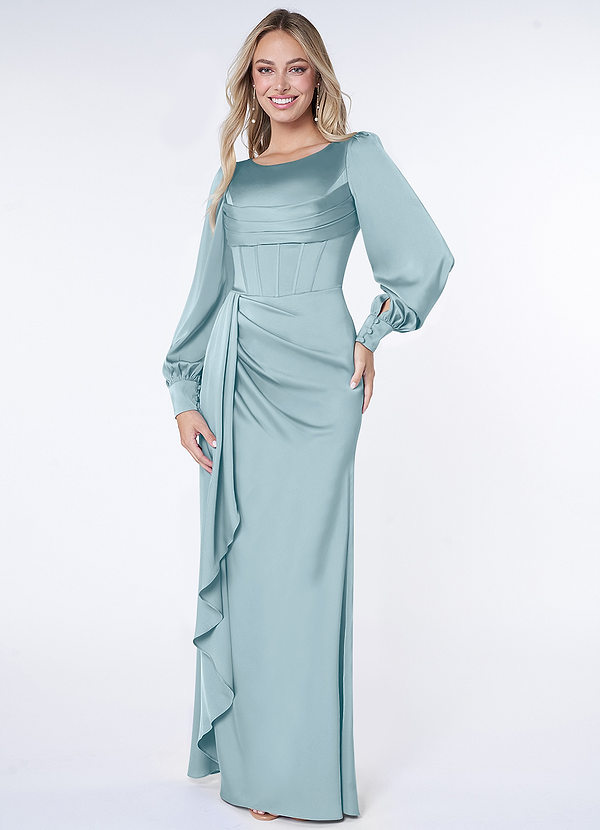 Azazie Raye Bruidsmeisjes Jurken Jurk van Stretch Satijn met Zeemeermin Lange mouw Mystiek Blauw image1