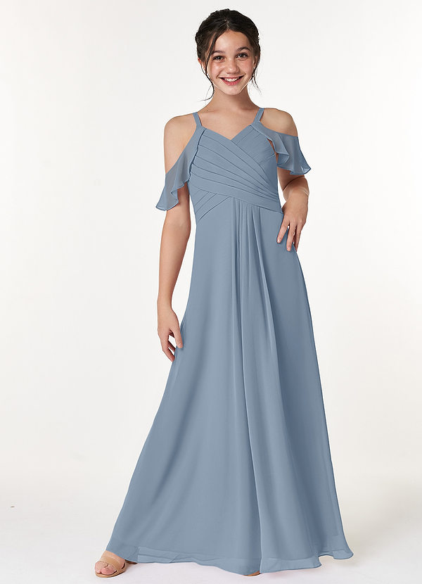 Azazie Dakota Junior Dusty Blue A-Line Off the Shoulder Chiffon Dress image1