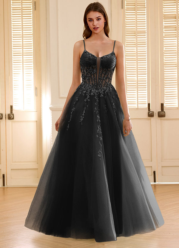 Violettamay Black Corset Rhinestone Sheer Lace Prom Dress image1