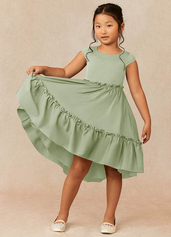 Azazie Lee Vestidos de Niña de Flores Vestido de Salvia Polvorienta de Satén Elástico de Corte En A con Lazo image1