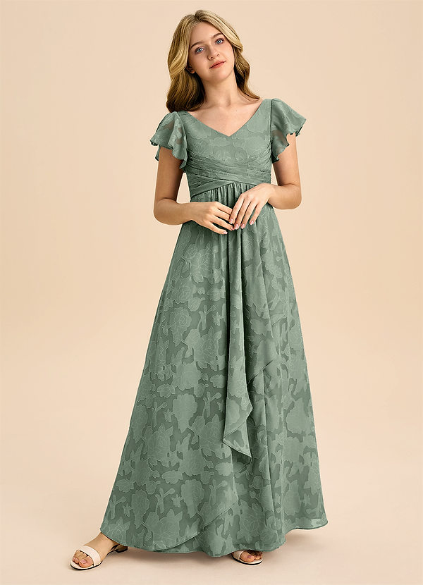 Azazie Omari Junior Robe Trapèze en Blumen-Burnout Plissée Matcha image1