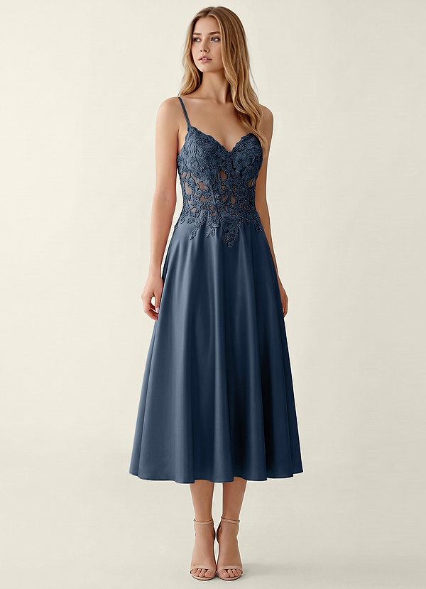Corinna Navy Satin Lace Corset A-line Maxi Dress image1