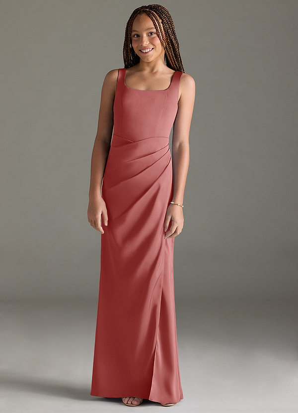 Azazie Mero Junior Vestido Rosa Antigua de Satén Elástico de Corte Sirena con Plisado image1