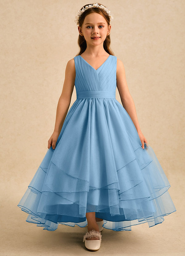 Azazie Seraphina Vestidos de arras Vestido Azul Acero de Tul de Corte en A con Plisado image1