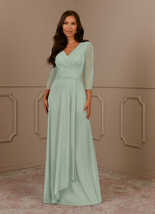 Azazie Annetta Mother of the Bride Dresses Dusty Sage A-Line V-Neck Pleated Mesh Dress image1