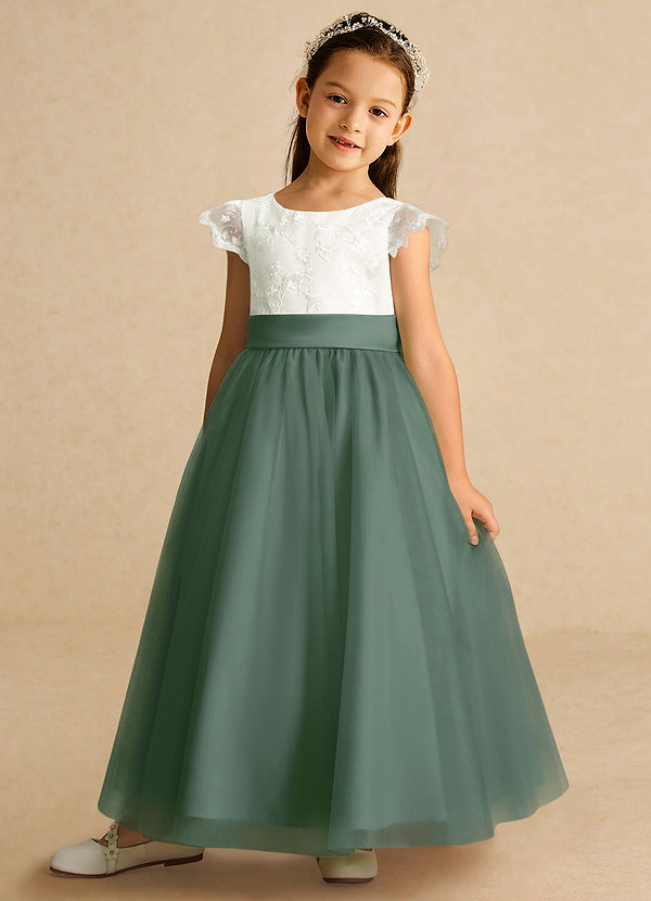 Azazie Pookie Flower Girl Dresses Eucalyptus A-Line Lace Tulle Dress image1