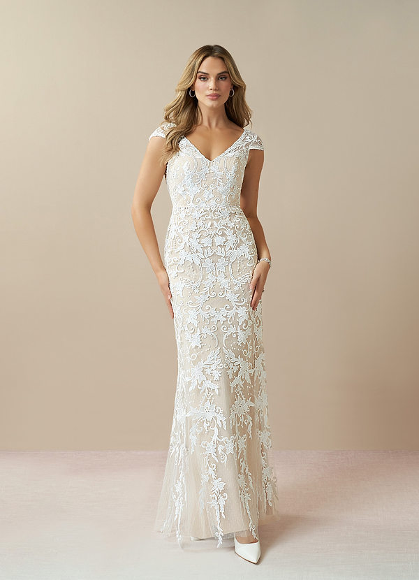 Azazie Devonna Wedding Dresses Diamond White Champagne Sheath V-Neck Sequins Lace Dress image1