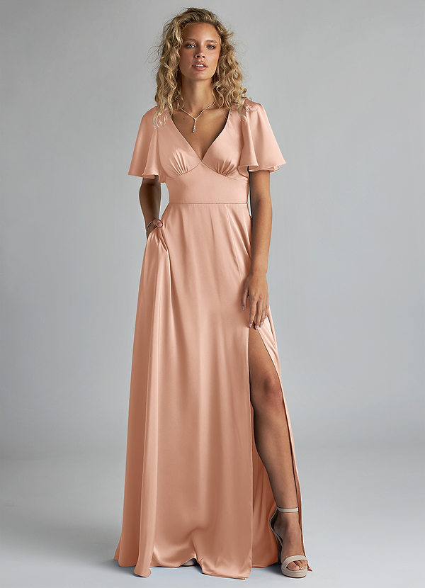 Azazie Kimber Bridesmaid Dresses Rose Gold A-Line Ruched Stretch Satin Dress image1