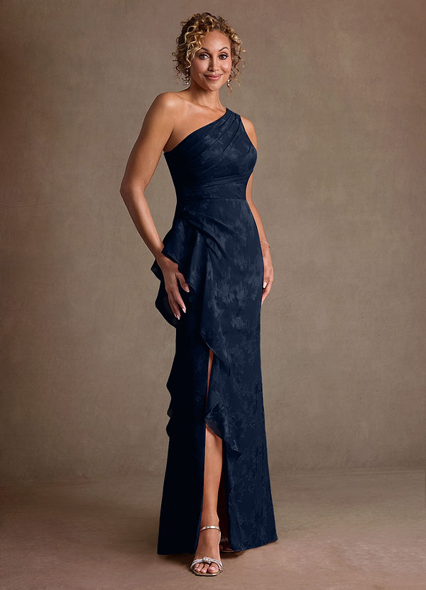 Azazie Galinda Vestidos de Madre de la Novia Vestido de Azul Marino Oscuro de Jacquard Floral de Corte Recto con Hombro unilateral image1