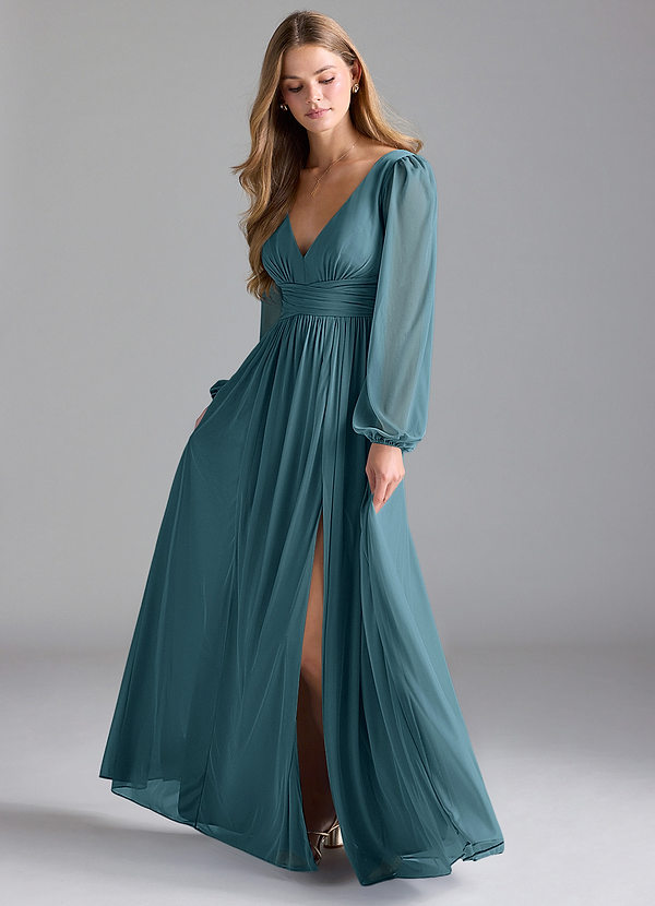 Azazie Norah Brautjungfernkleider A-Linie Gittergewebe Kleid Bermudablau image1