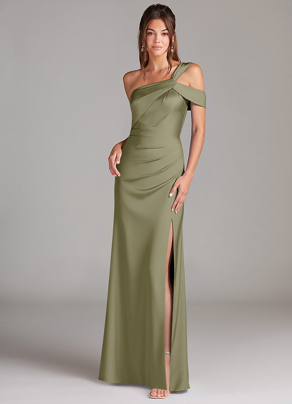 Azazie Wynter Robes Demoiselle d'honneur Robe Fourreau en Satin extensible Épaule décolletée Pistache image1