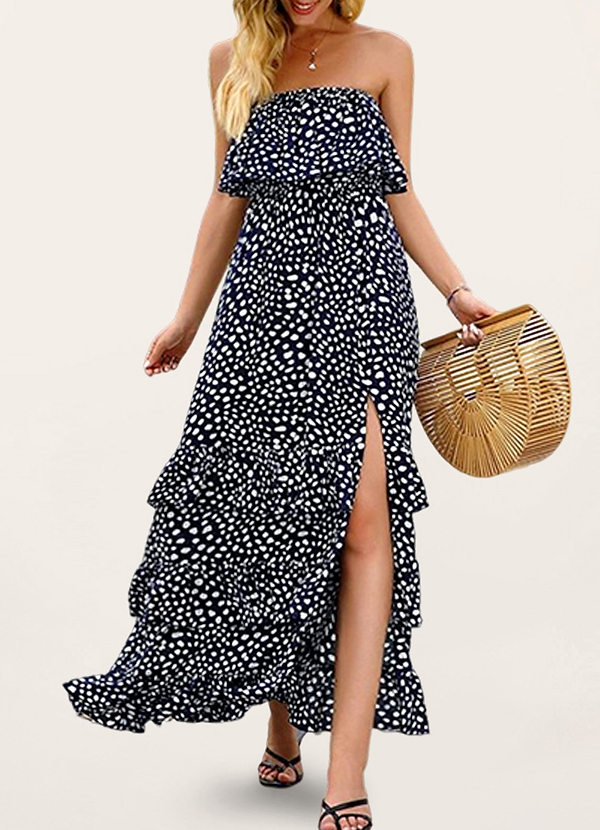 front Lush Loveliness Black Floral Print Strapless Tiered Maxi Dress