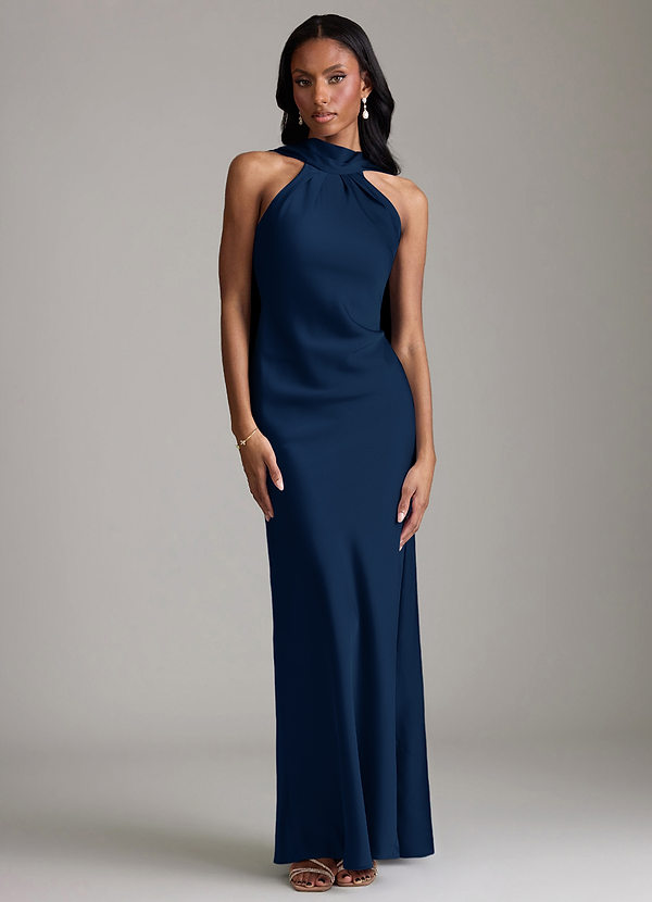 Azazie Cassiana Bruidsmeisjes Jurken Jurk van Stretch Satijn met Zeemeermin Geplooid Donkere Marine image1