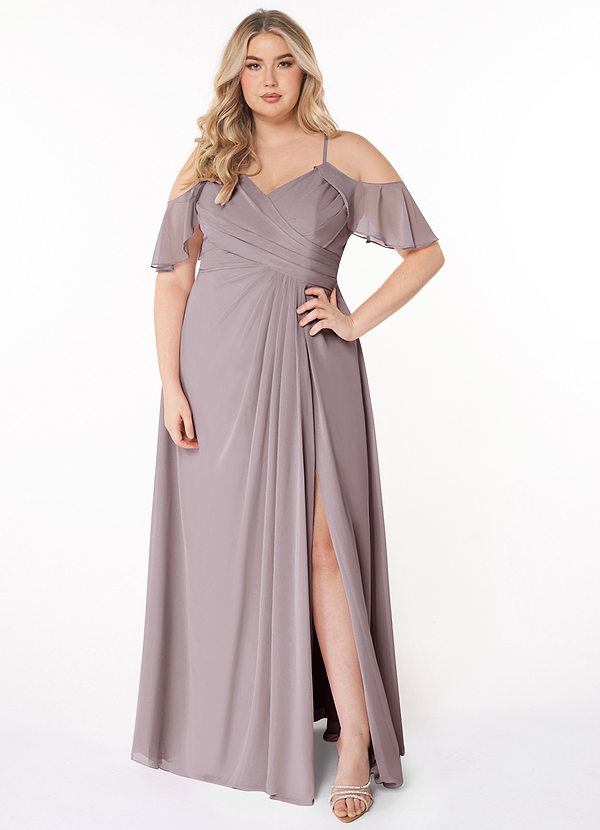 Azazie Dakota Robes Demoiselle d'honneur Robe Trapèze en Mousseline de soie Col V plissé Crépuscule image1