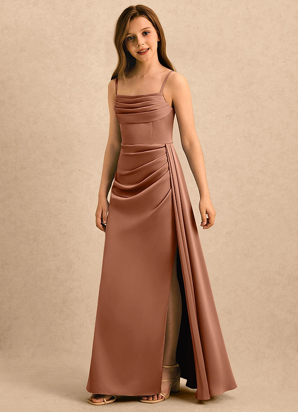 Azazie Shyla Girls Formal Sukienki dla dziewczynek sypiących kwiaty Osłona Pofałdowany Satyna elastyczna Długość podłogi Sukienka image1
