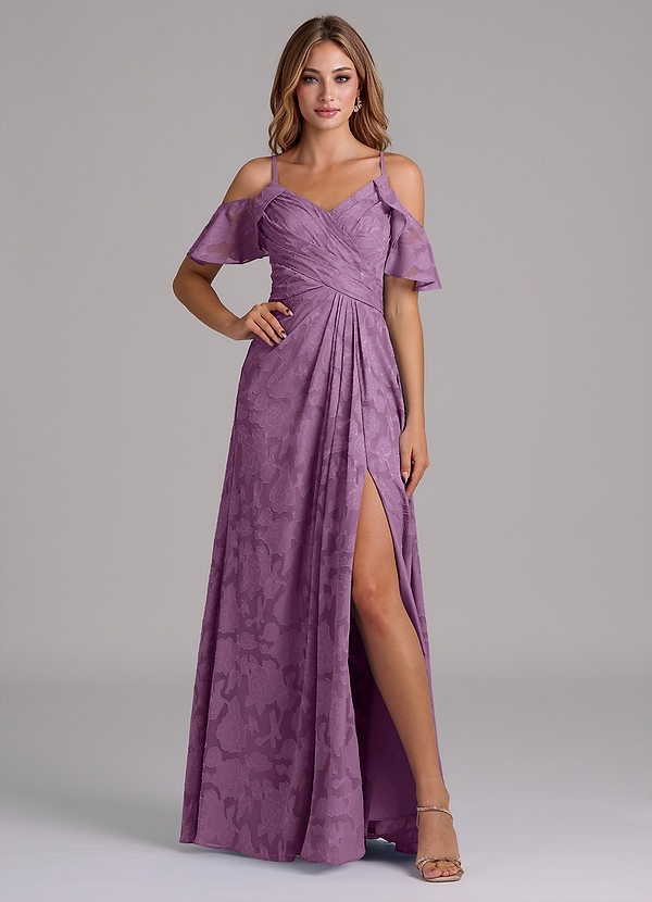 Azazie Dakota Bridesmaid Dresses Wisteria A-Line Off the Shoulder Floral Burnout Dress image1