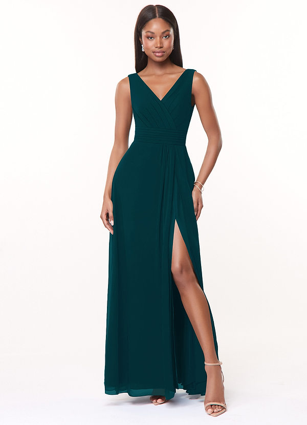Azazie Karina Bridesmaid Dresses Pine A-Line Pleated Chiffon Dress image1