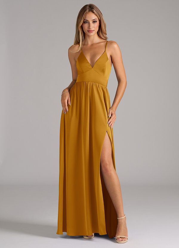 Azazie Aaida Robes Demoiselle d'honneur Robe Trapèze en Satin extensible Corset Caramel écossais image1