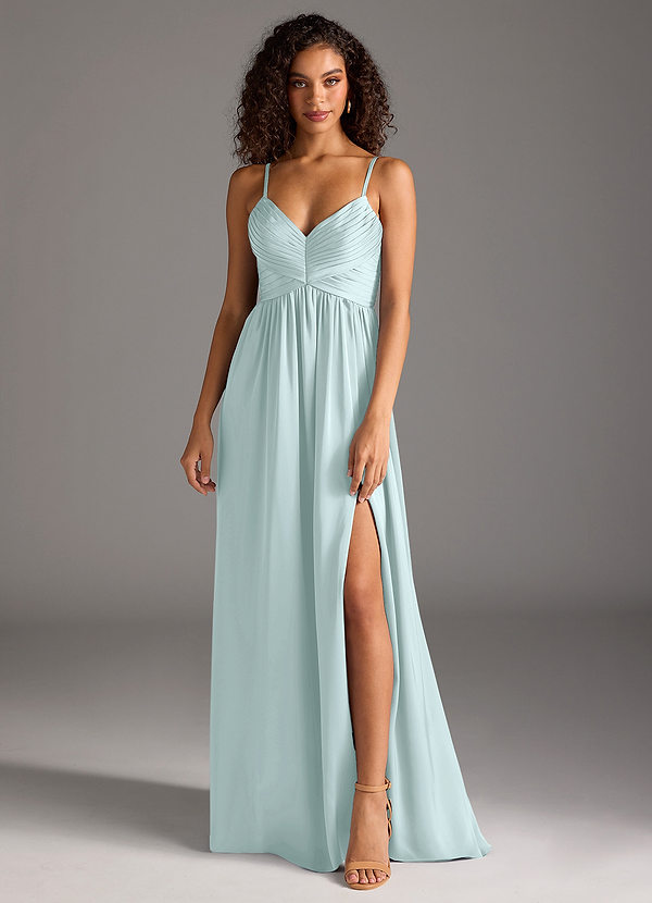 Azazie Alia Bridesmaid Dresses Sea Glass A-Line Pleated Stretch Satin Dress image1